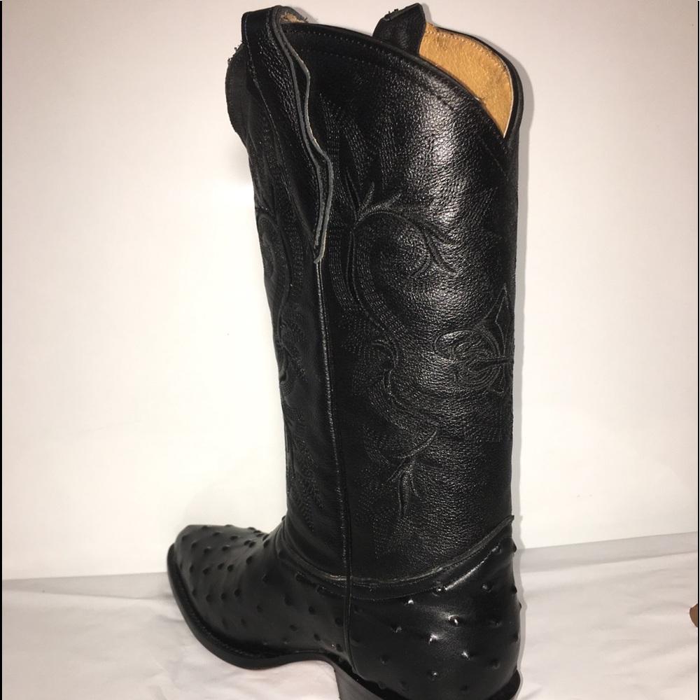 Men’s Cowboy Boots Ostrich Print Leather Black - Picture 5 of 8